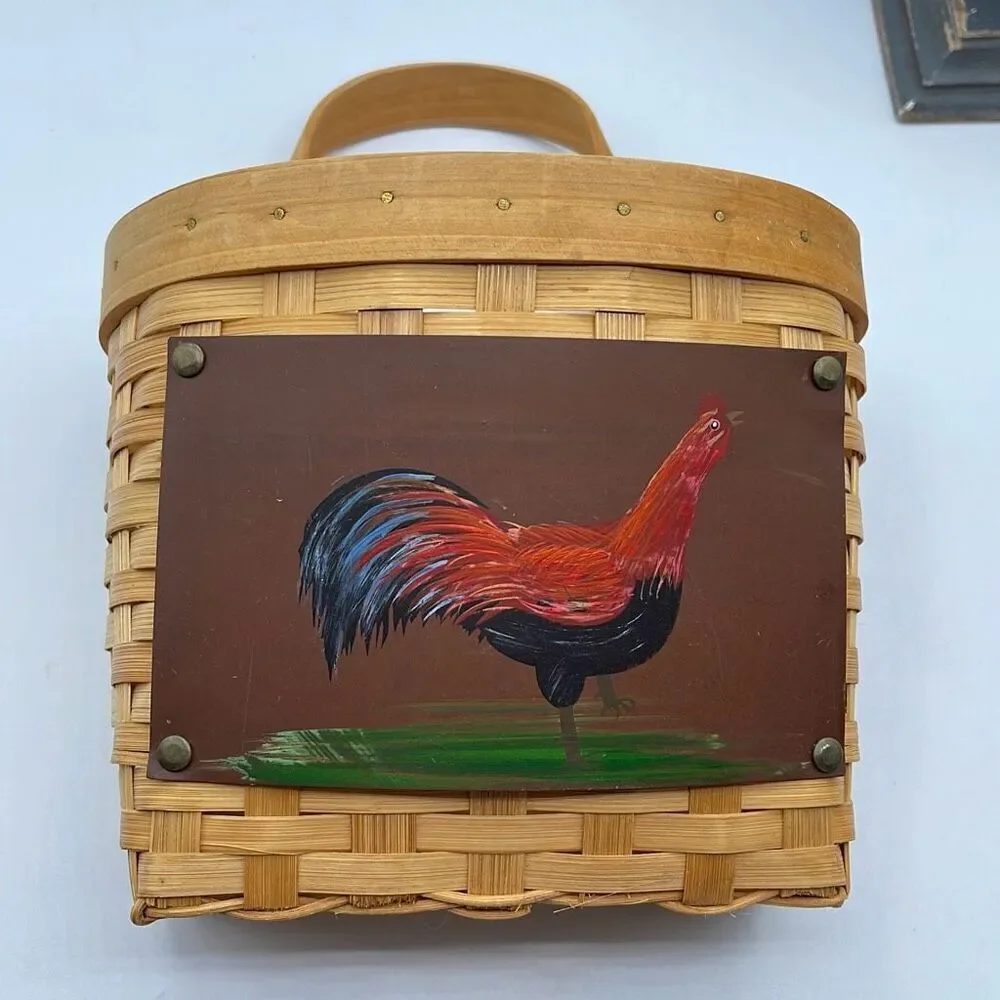 Vintage hand painted rooster basket wall pocket basket